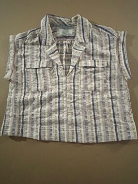 Anthropologie Cream, Blue & Tan Striped Textured Top